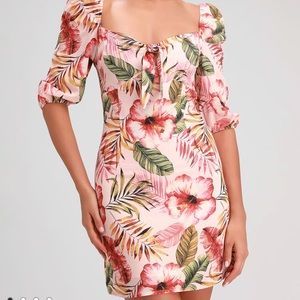 Lulus Tie Front Puff Sleeve Tropical Mini Dress